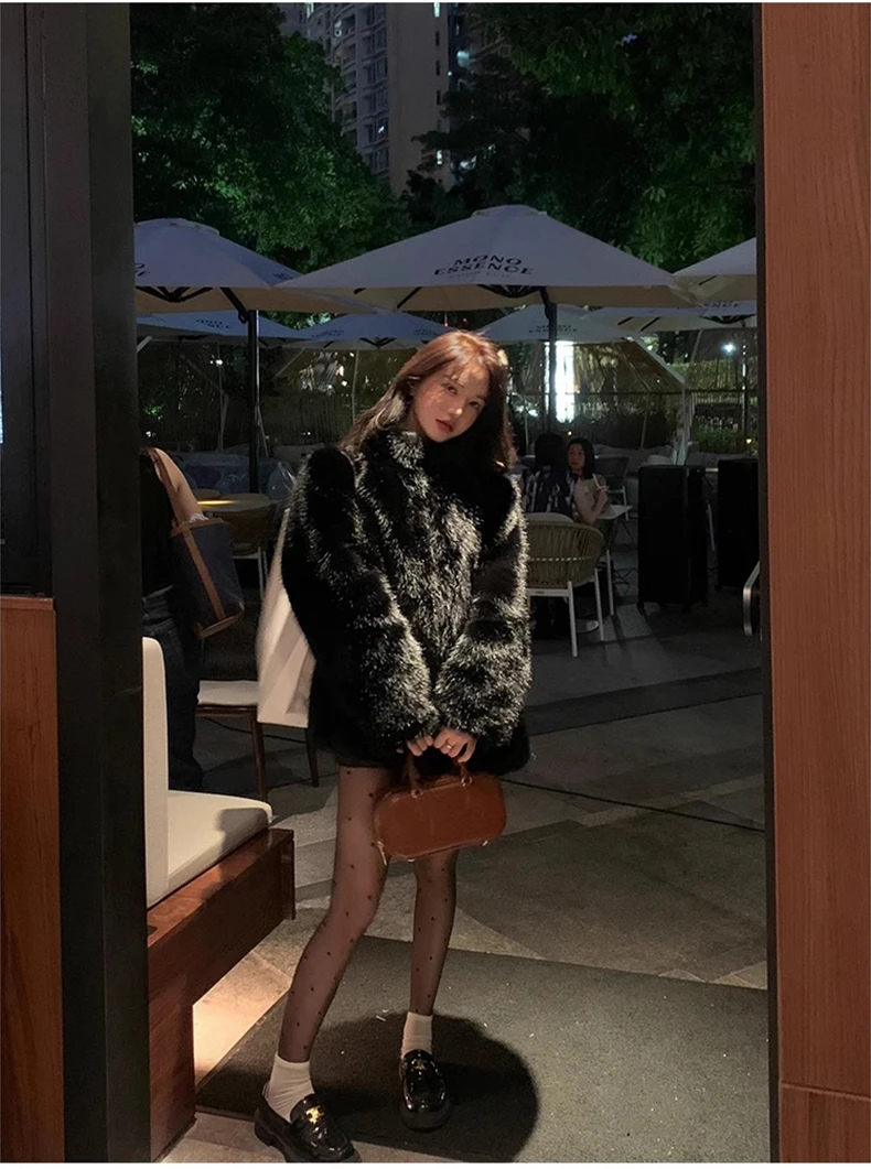 Lautaro Autumn Winter Black Soft Thick Warm Hairy Shaggy Faux Fox Fur Coat Women Stand Collar Long Sleeve Fluffy Jacket 2023