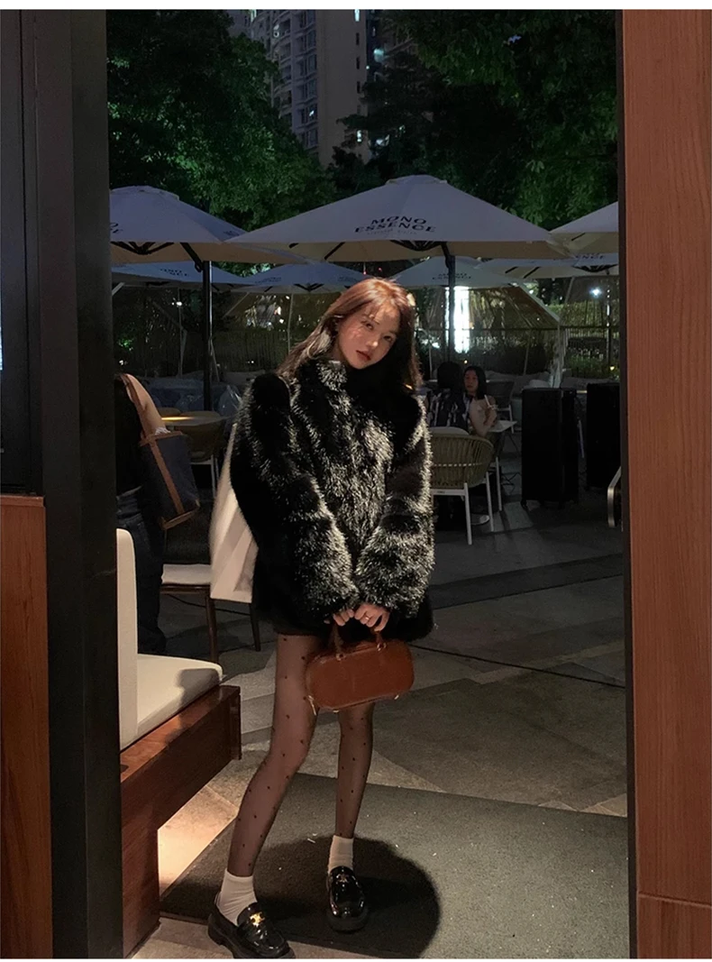 Lautaro Autumn Winter Black Soft Thick Warm Hairy Shaggy Faux Fox Fur Coat Women Stand Collar Long Sleeve Fluffy Jacket 2023