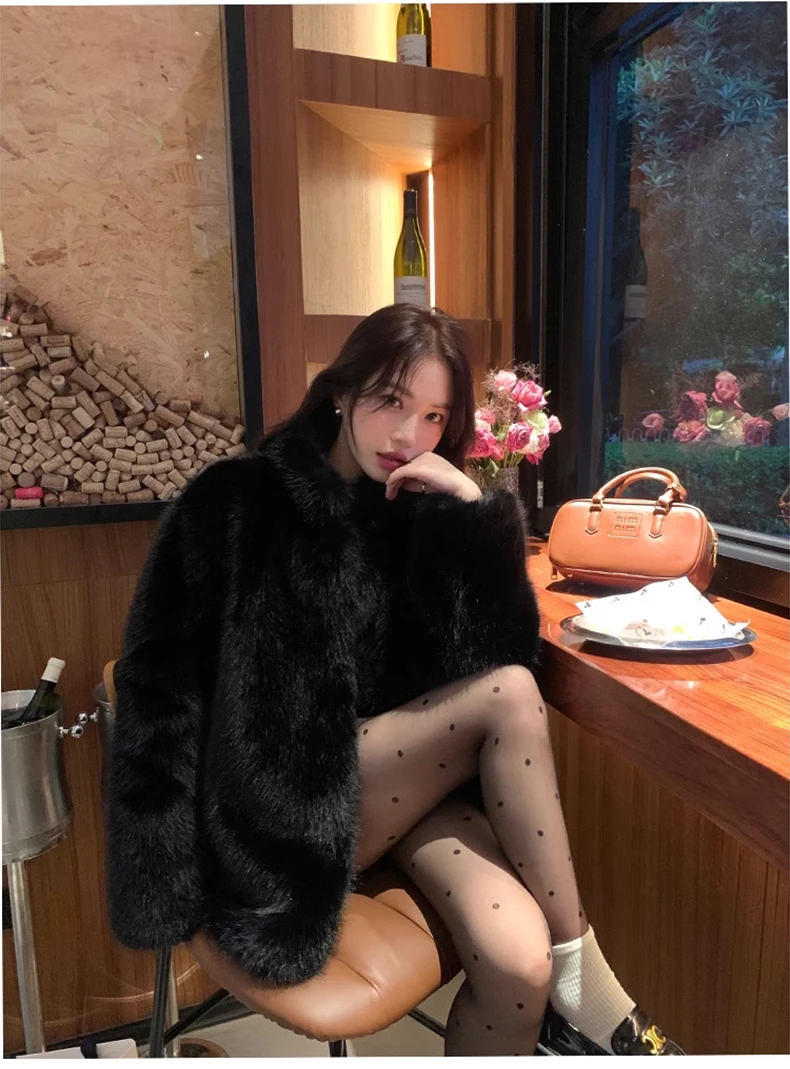 Lautaro Autumn Winter Black Soft Thick Warm Hairy Shaggy Faux Fox Fur Coat Women Stand Collar Long Sleeve Fluffy Jacket 2023