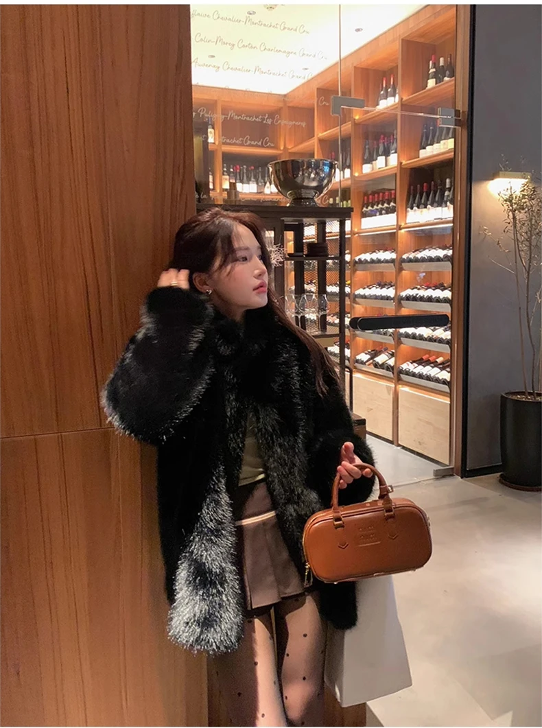 Lautaro Autumn Winter Black Soft Thick Warm Hairy Shaggy Faux Fox Fur Coat Women Stand Collar Long Sleeve Fluffy Jacket 2023