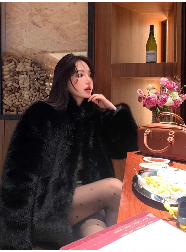 Lautaro Autumn Winter Black Soft Thick Warm Hairy Shaggy Faux Fox Fur Coat Women Stand Collar Long Sleeve Fluffy Jacket 2023