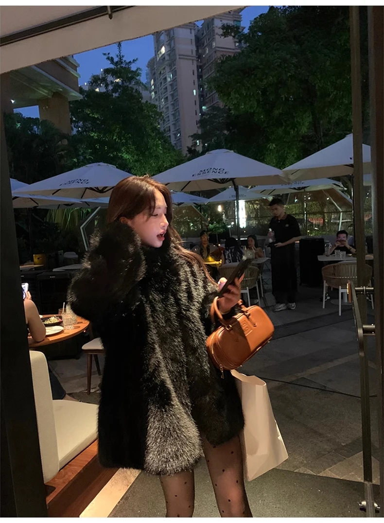 Lautaro Autumn Winter Black Soft Thick Warm Hairy Shaggy Faux Fox Fur Coat Women Stand Collar Long Sleeve Fluffy Jacket 2023