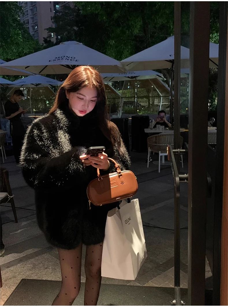 Lautaro Autumn Winter Black Soft Thick Warm Hairy Shaggy Faux Fox Fur Coat Women Stand Collar Long Sleeve Fluffy Jacket 2023