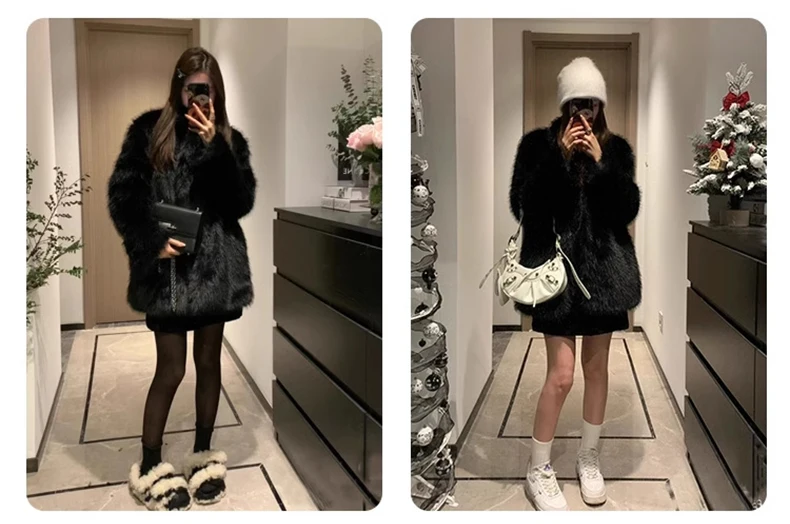 Lautaro Autumn Winter Black Soft Thick Warm Hairy Shaggy Faux Fox Fur Coat Women Stand Collar Long Sleeve Fluffy Jacket 2023