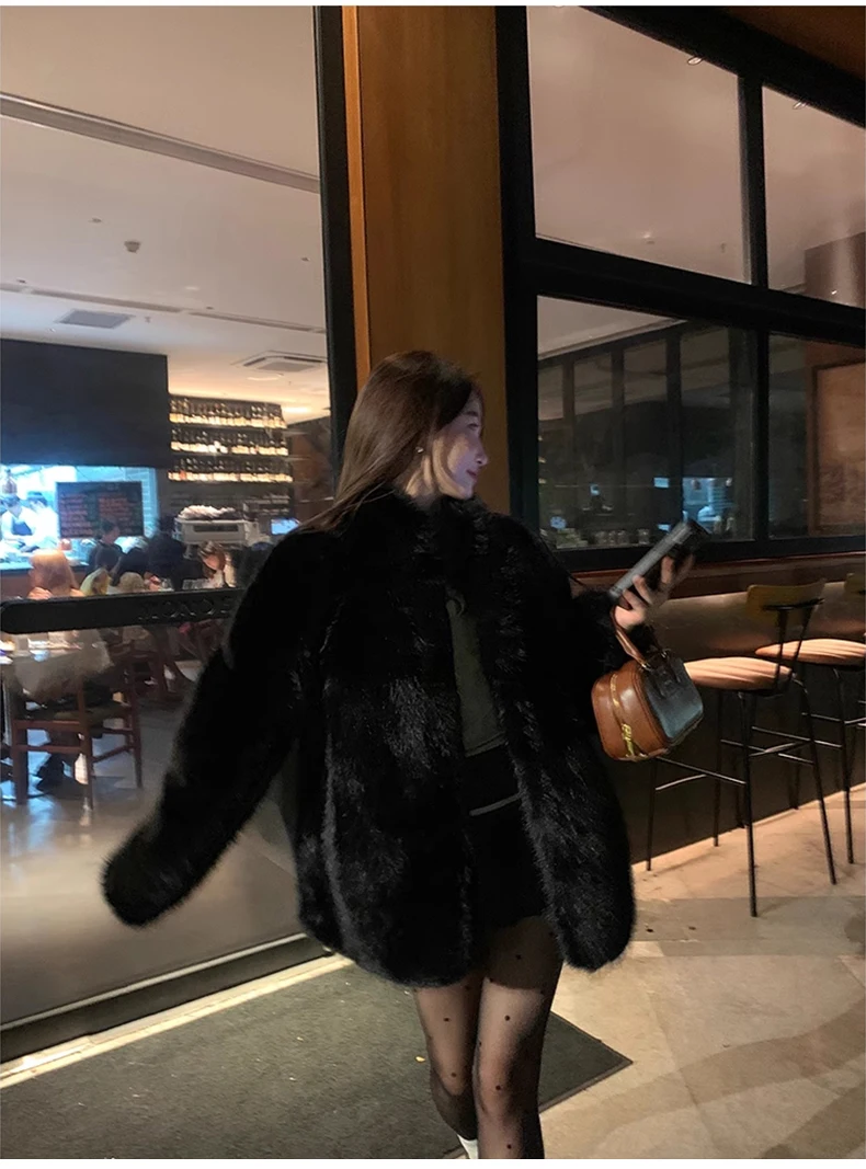 Lautaro Autumn Winter Black Soft Thick Warm Hairy Shaggy Faux Fox Fur Coat Women Stand Collar Long Sleeve Fluffy Jacket 2023