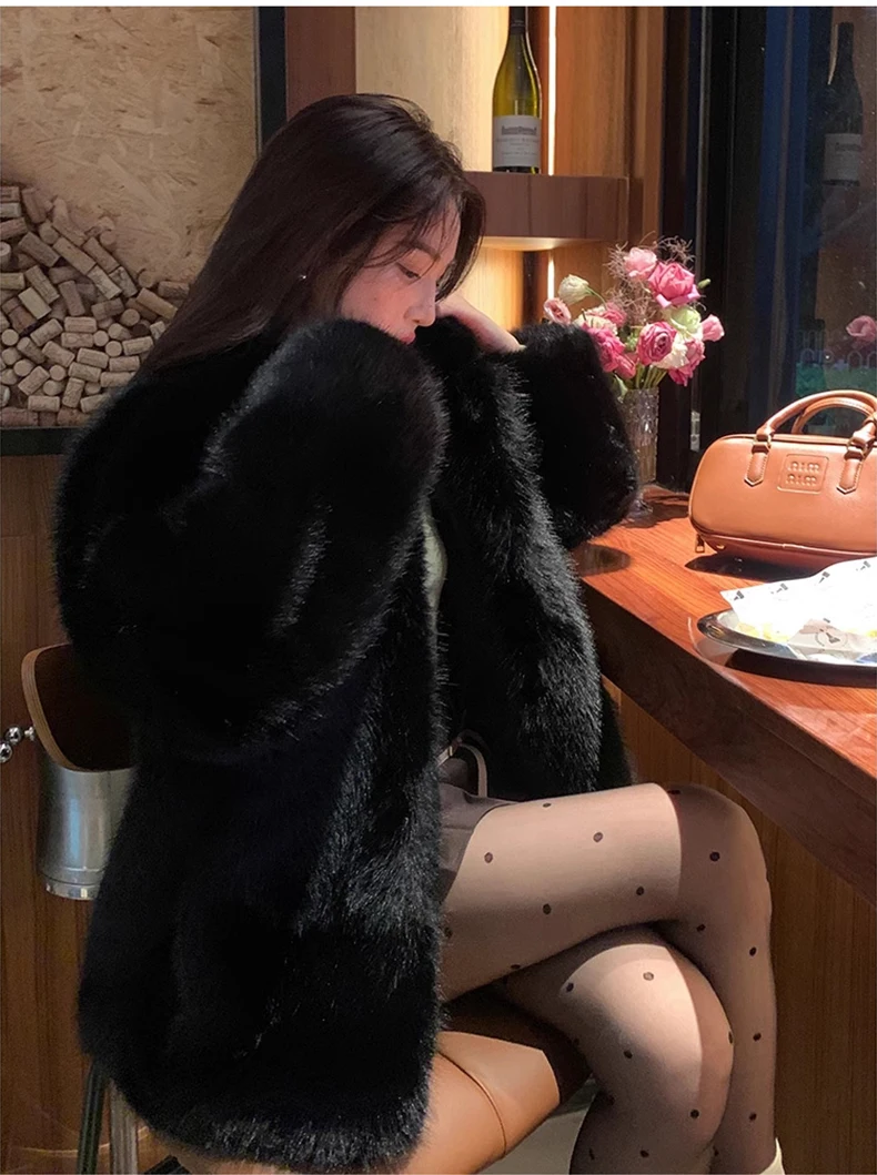 Lautaro Autumn Winter Black Soft Thick Warm Hairy Shaggy Faux Fox Fur Coat Women Stand Collar Long Sleeve Fluffy Jacket 2023