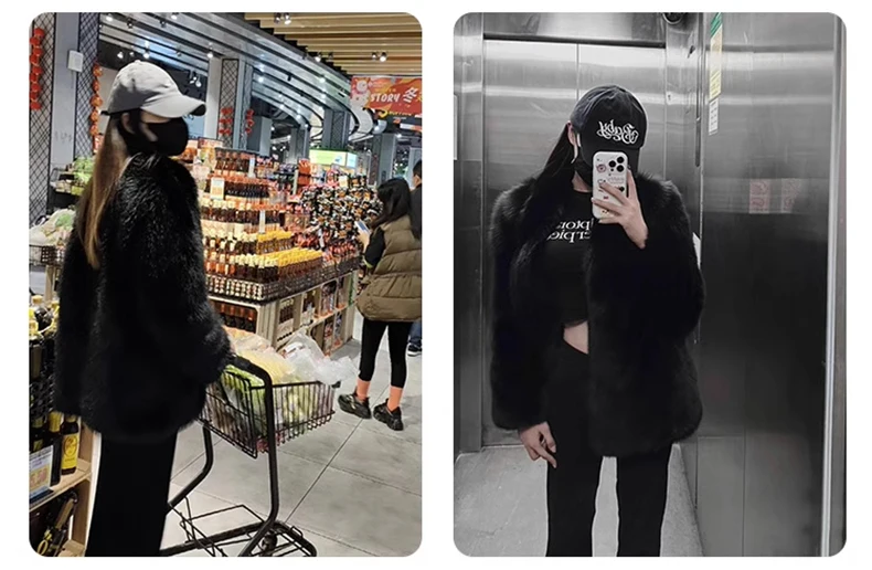 Lautaro Autumn Winter Black Soft Thick Warm Hairy Shaggy Faux Fox Fur Coat Women Stand Collar Long Sleeve Fluffy Jacket 2023