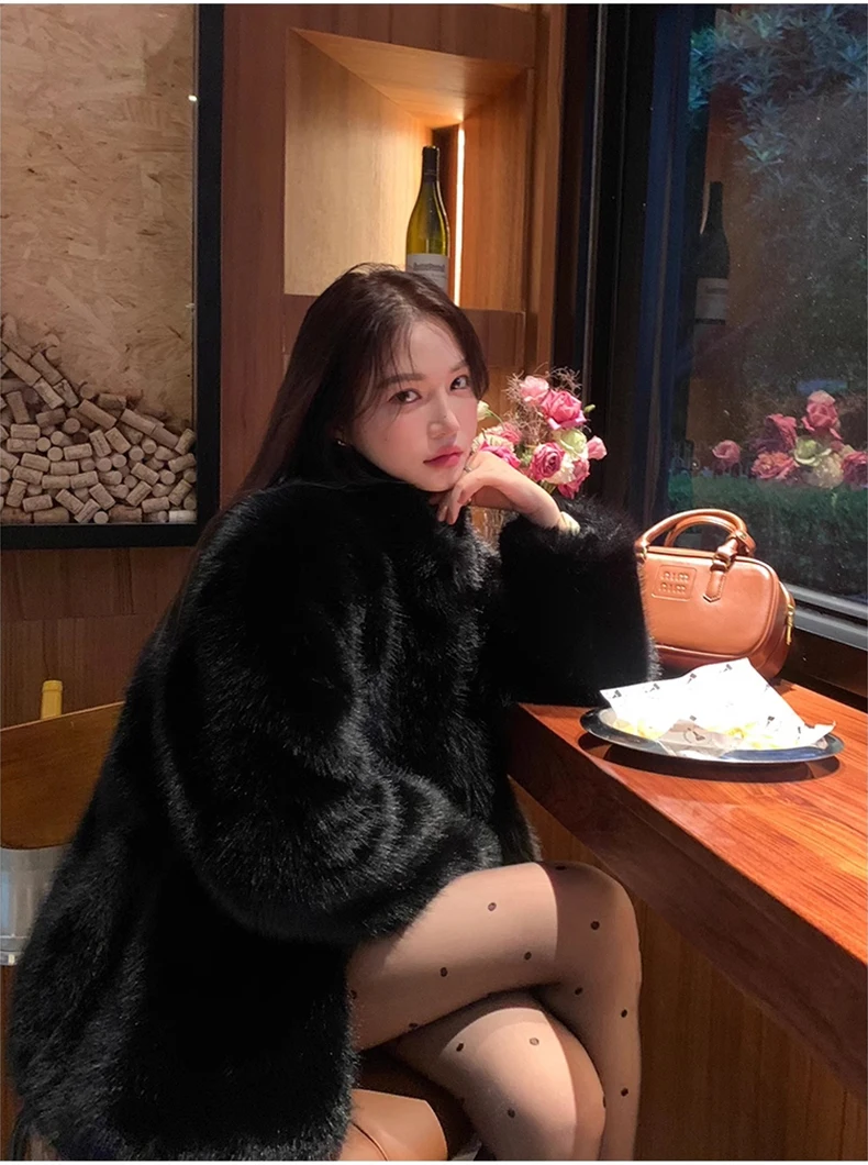 Lautaro Autumn Winter Black Soft Thick Warm Hairy Shaggy Faux Fox Fur Coat Women Stand Collar Long Sleeve Fluffy Jacket 2023