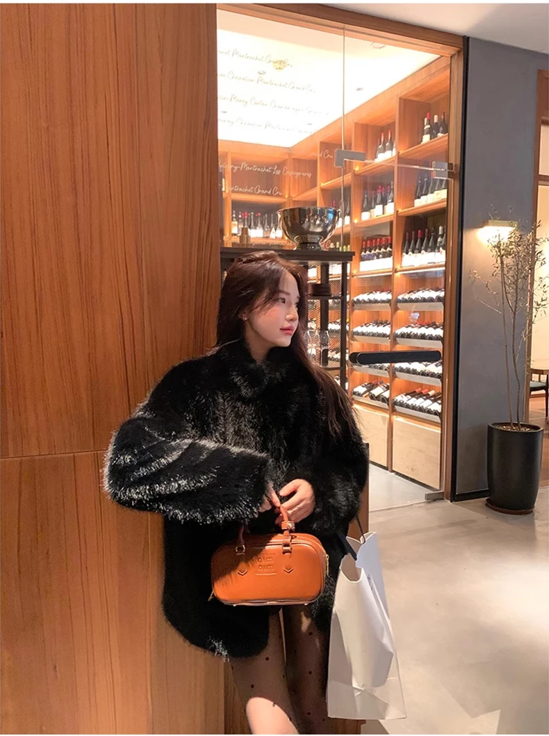 Lautaro Autumn Winter Black Soft Thick Warm Hairy Shaggy Faux Fox Fur Coat Women Stand Collar Long Sleeve Fluffy Jacket 2023