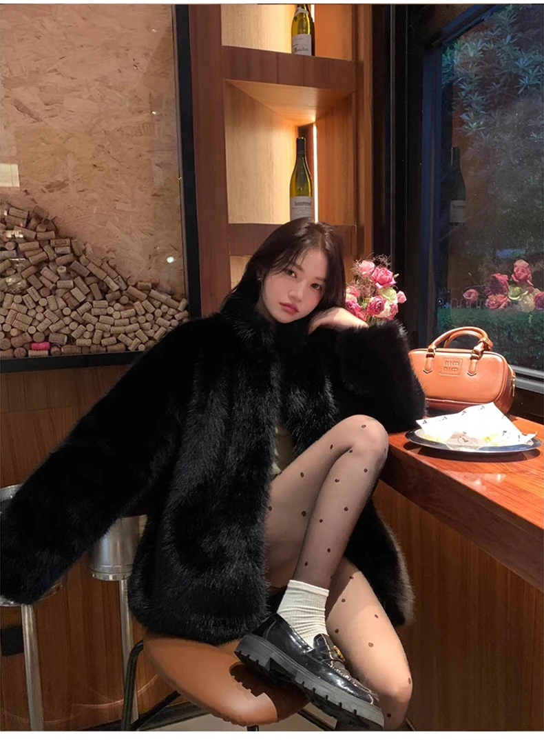 Lautaro Autumn Winter Black Soft Thick Warm Hairy Shaggy Faux Fox Fur Coat Women Stand Collar Long Sleeve Fluffy Jacket 2023