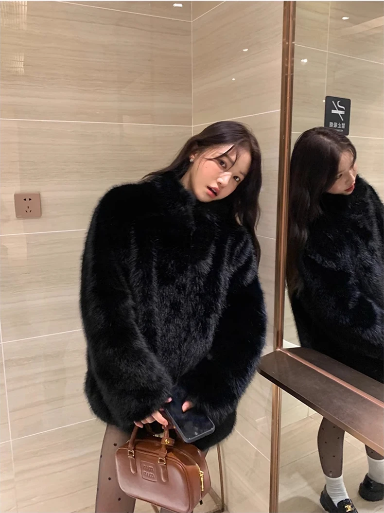 Lautaro Autumn Winter Black Soft Thick Warm Hairy Shaggy Faux Fox Fur Coat Women Stand Collar Long Sleeve Fluffy Jacket 2023