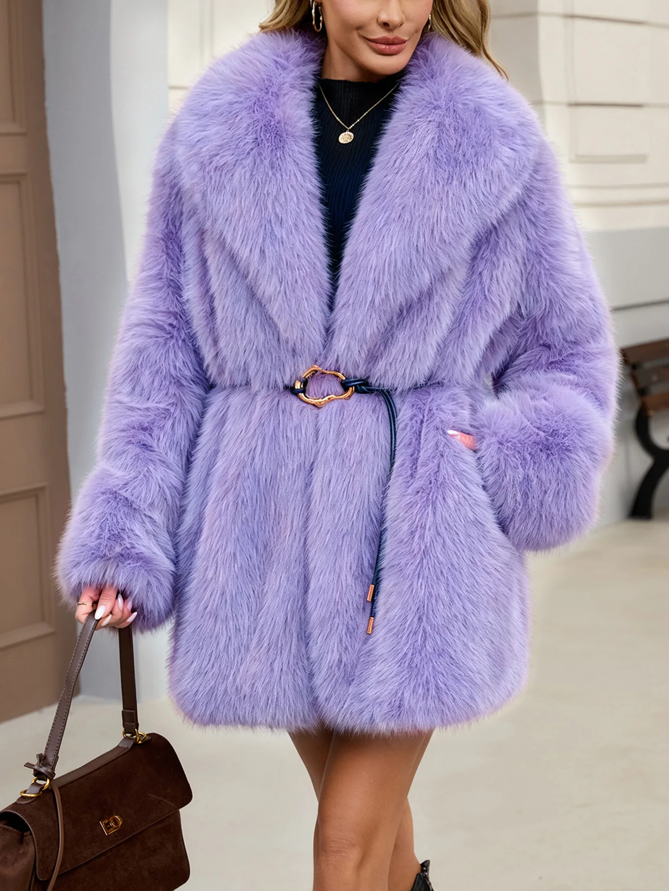 Women's Autumn Winter Faux Fur Coat New Environmentally Friendly Faux Fox Fur Waistband Jacket for Ladies