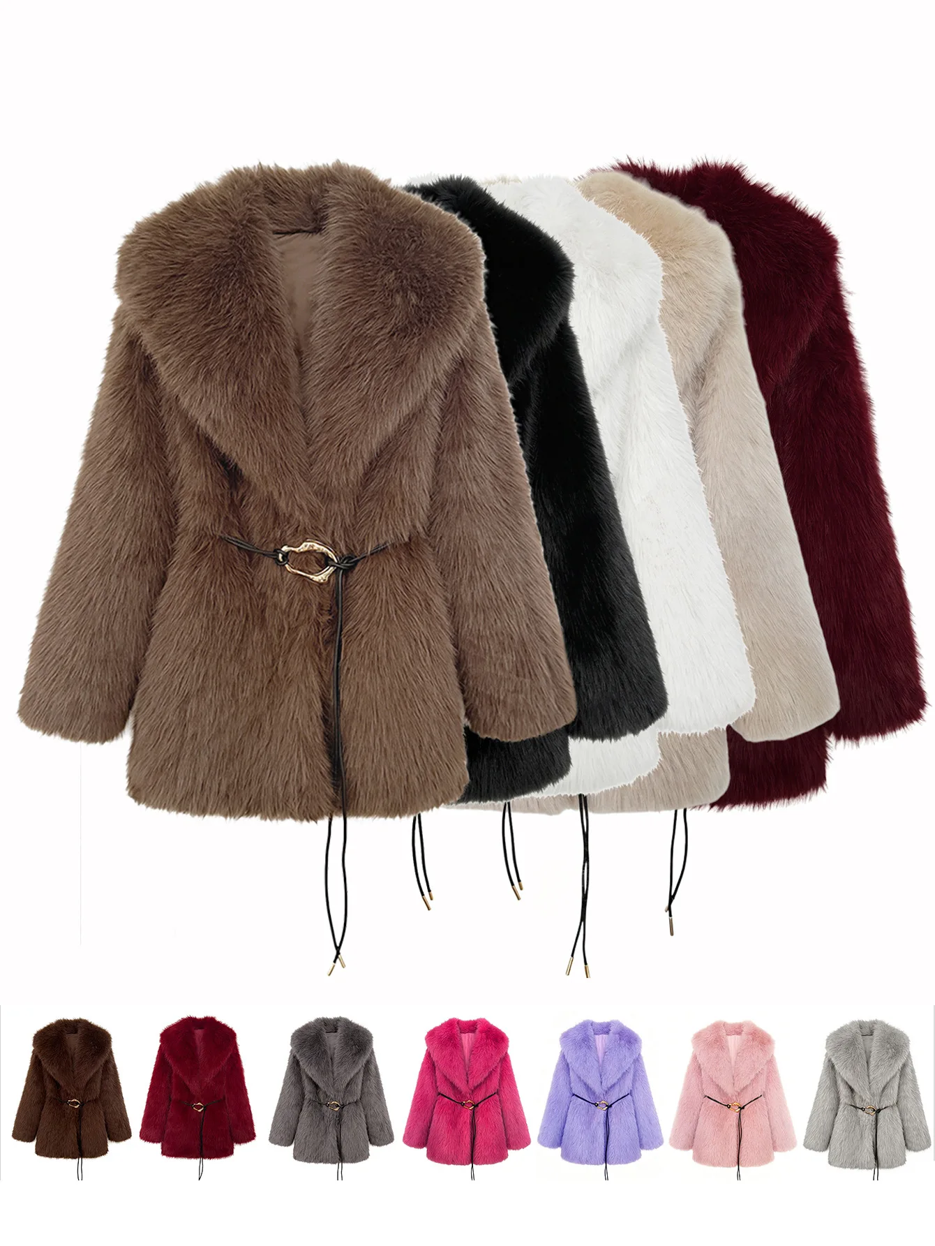 Women's Autumn Winter Faux Fur Coat New Environmentally Friendly Faux Fox Fur Waistband Jacket for Ladies
