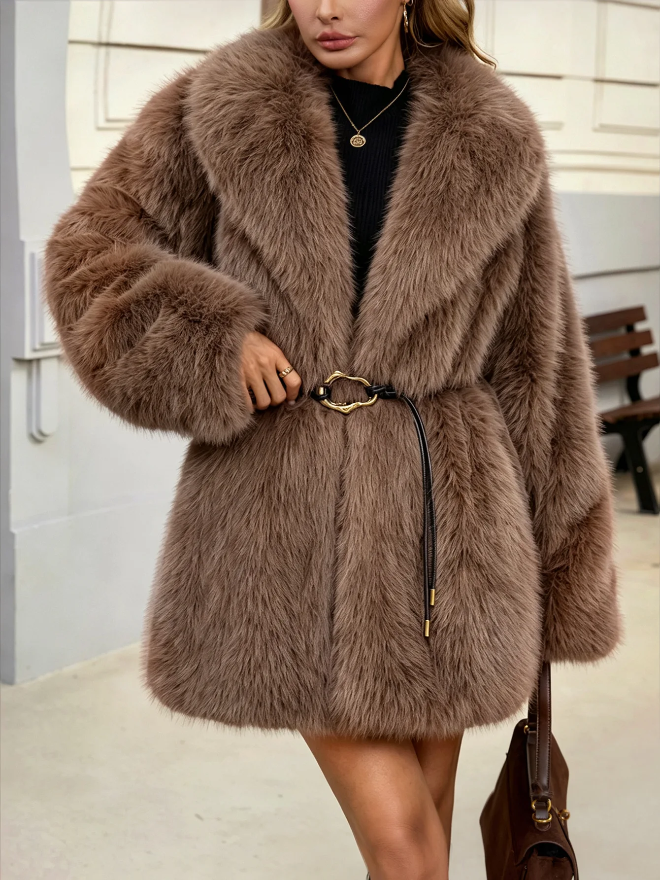 Women's Autumn Winter Faux Fur Coat New Environmentally Friendly Faux Fox Fur Waistband Jacket for Ladies