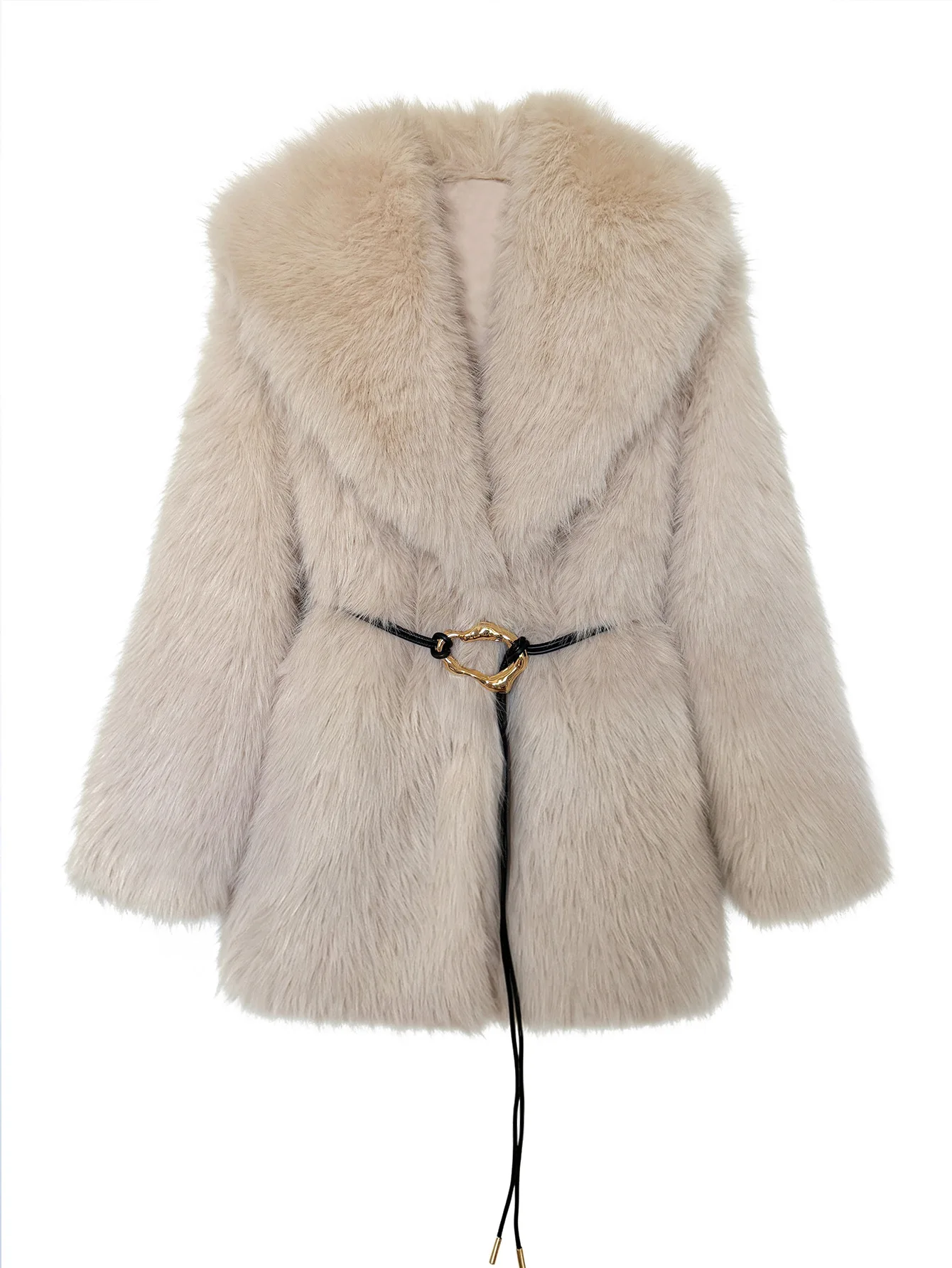Women's Autumn Winter Faux Fur Coat New Environmentally Friendly Faux Fox Fur Waistband Jacket for Ladies