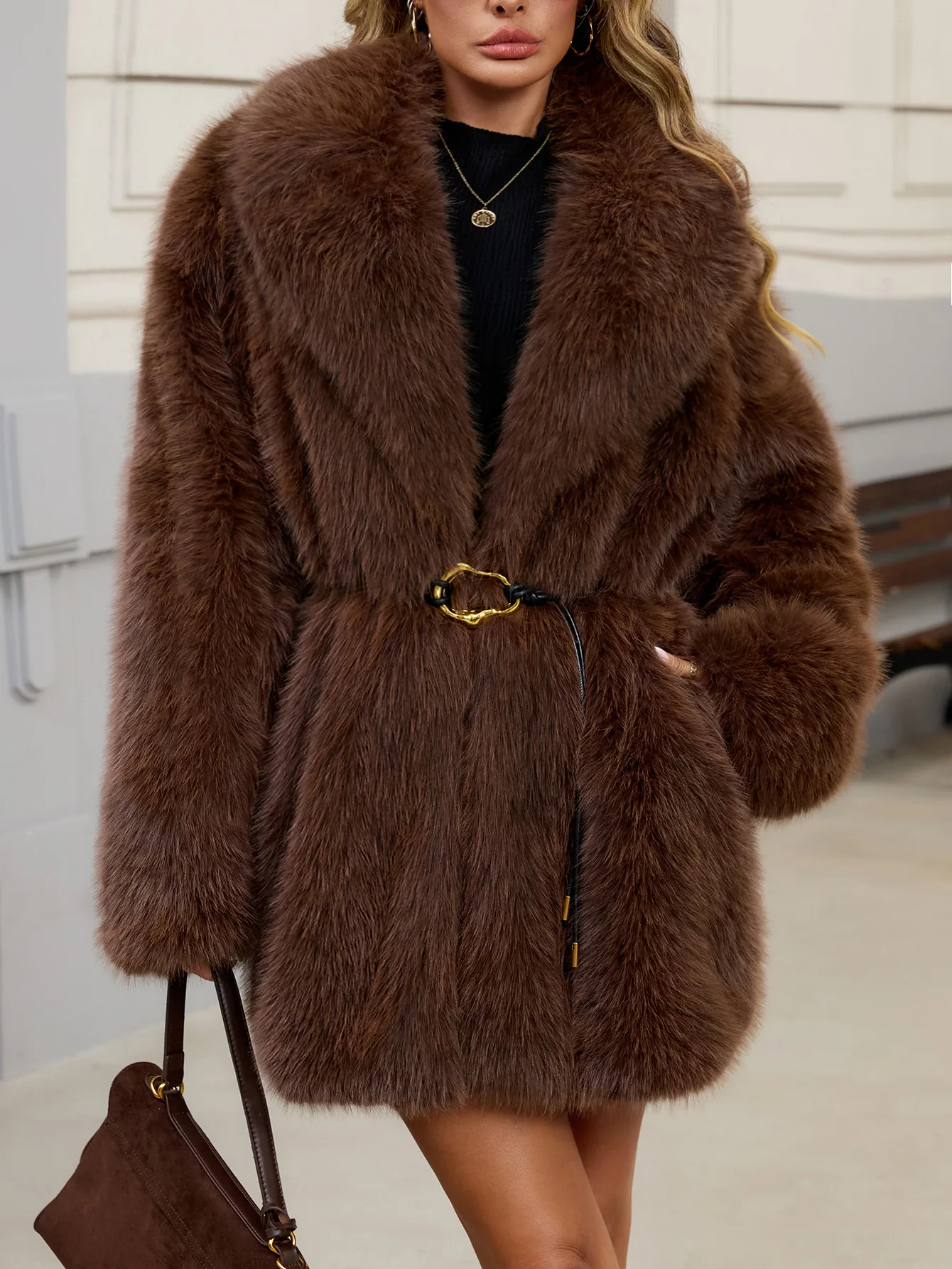 Women's Autumn Winter Faux Fur Coat New Environmentally Friendly Faux Fox Fur Waistband Jacket for Ladies