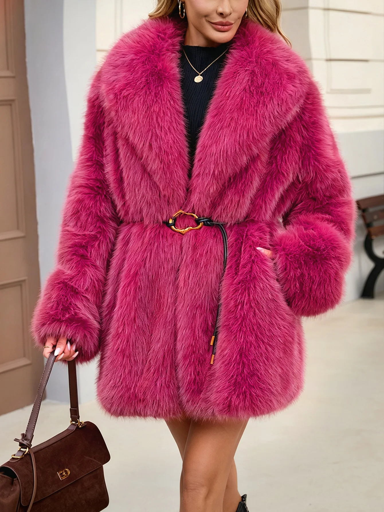 Women's Autumn Winter Faux Fur Coat New Environmentally Friendly Faux Fox Fur Waistband Jacket for Ladies