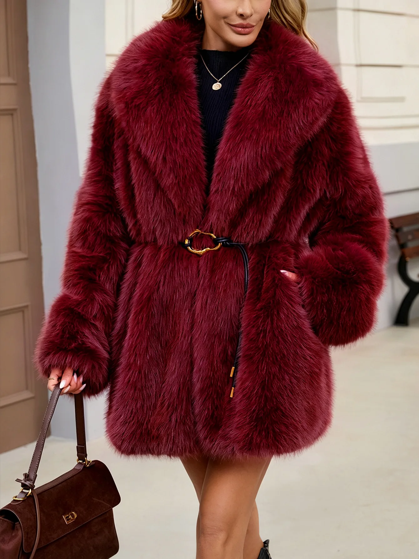 Women's Autumn Winter Faux Fur Coat New Environmentally Friendly Faux Fox Fur Waistband Jacket for Ladies