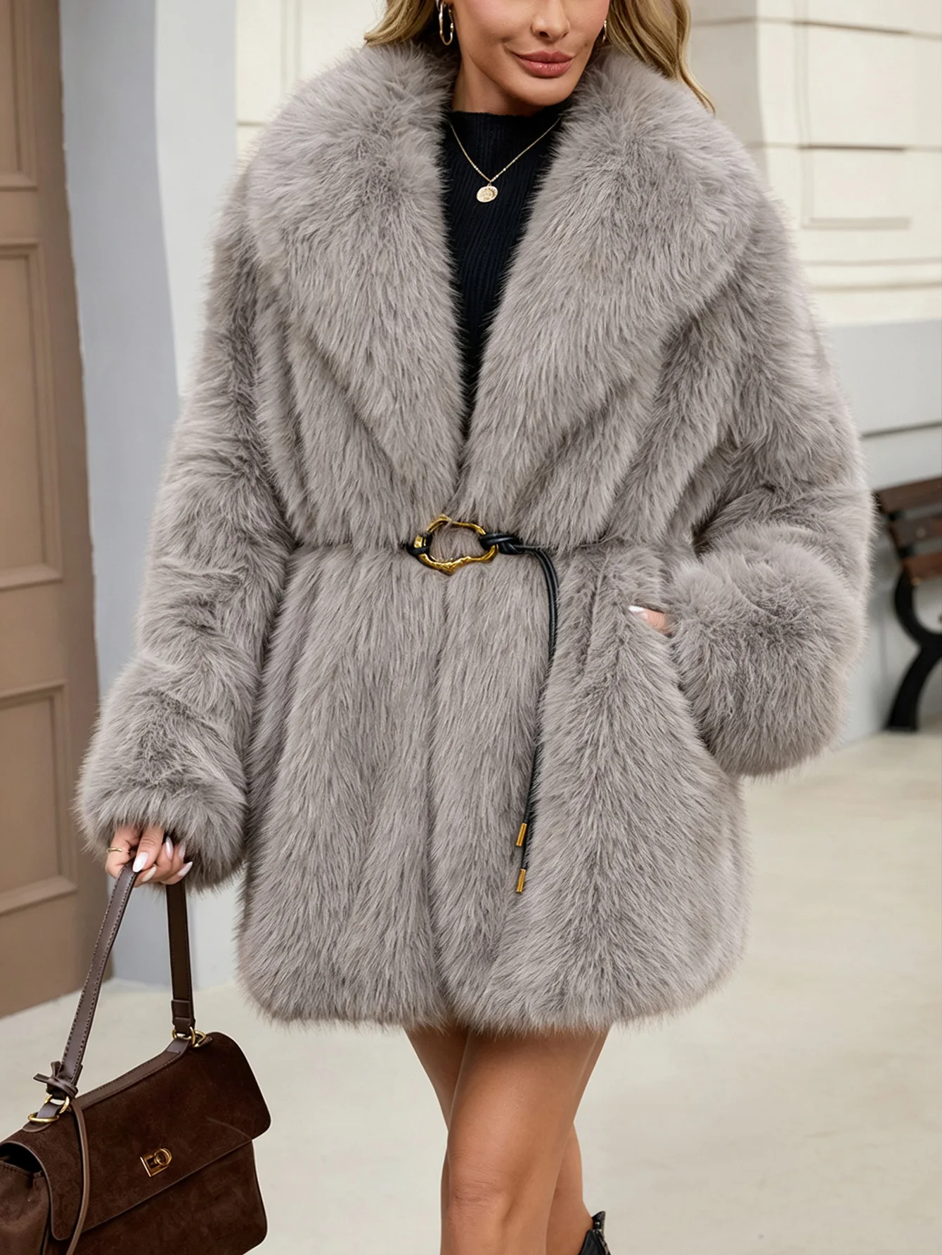 Women's Autumn Winter Faux Fur Coat New Environmentally Friendly Faux Fox Fur Waistband Jacket for Ladies