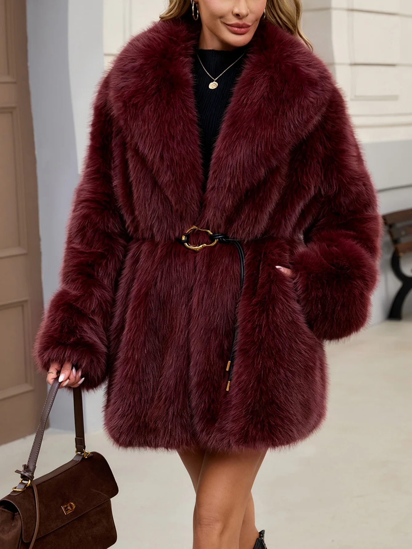 Women's Autumn Winter Faux Fur Coat New Environmentally Friendly Faux Fox Fur Waistband Jacket for Ladies