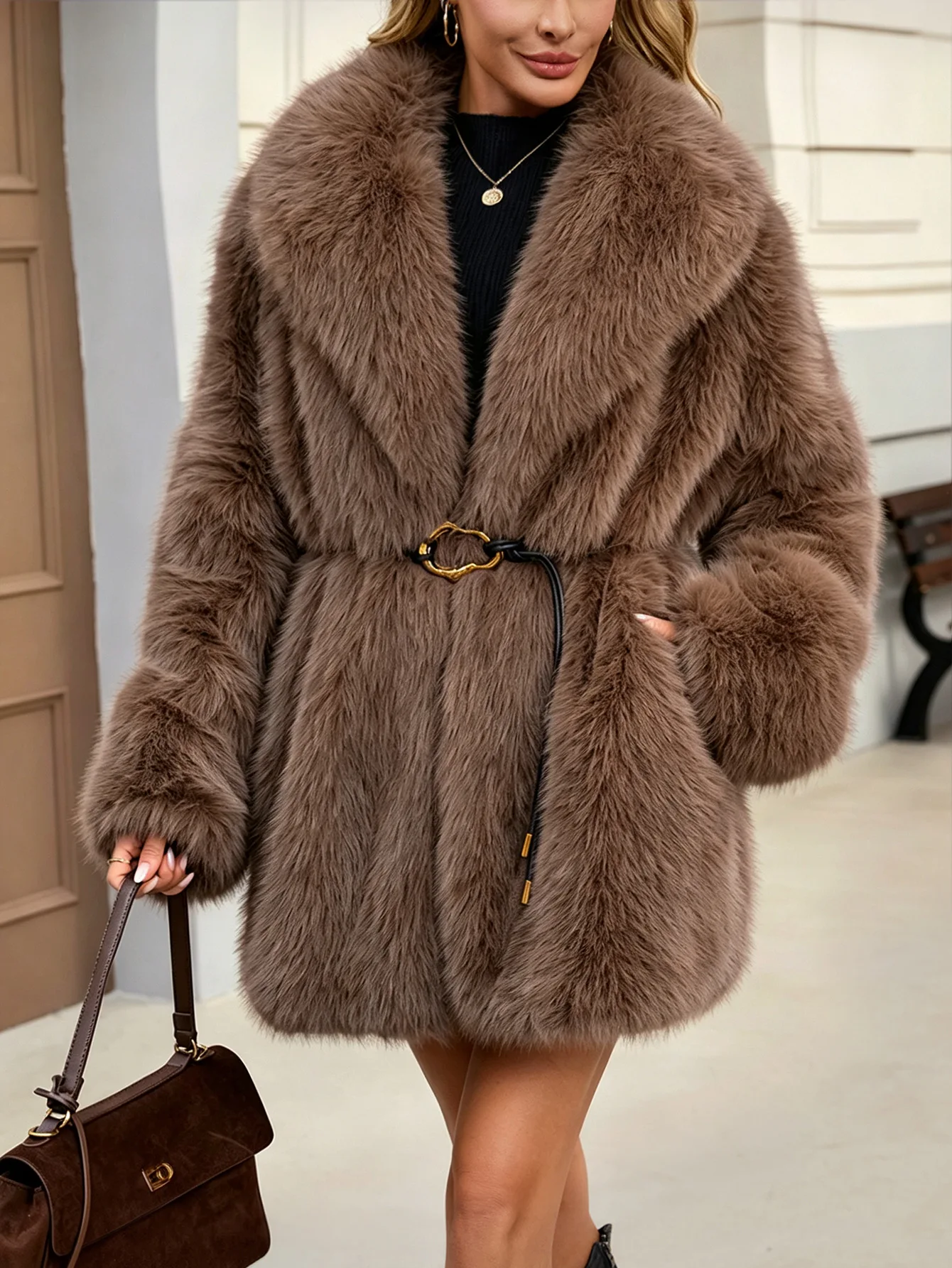 Women's Autumn Winter Faux Fur Coat New Environmentally Friendly Faux Fox Fur Waistband Jacket for Ladies