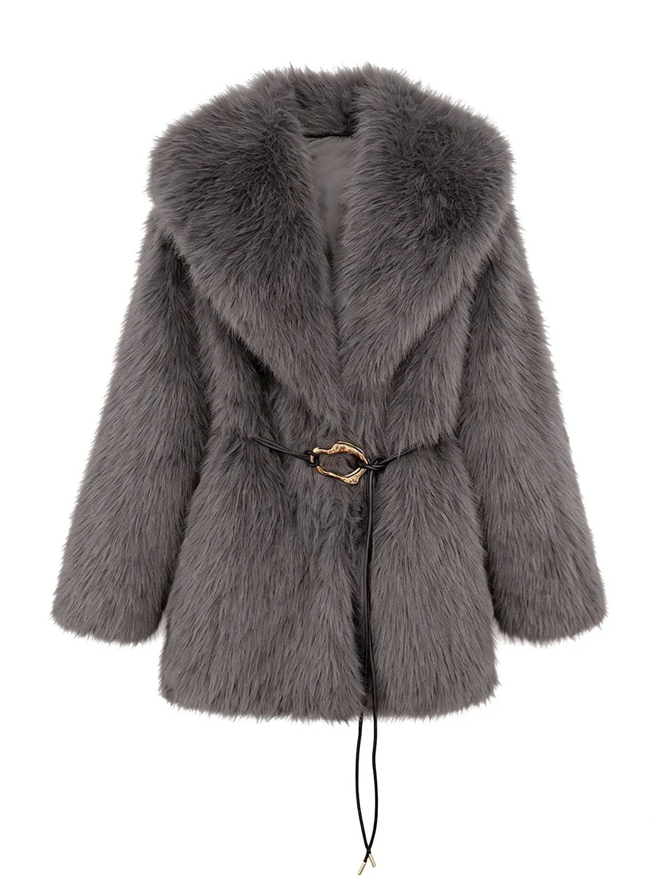 Women's Autumn Winter Faux Fur Coat New Environmentally Friendly Faux Fox Fur Waistband Jacket for Ladies
