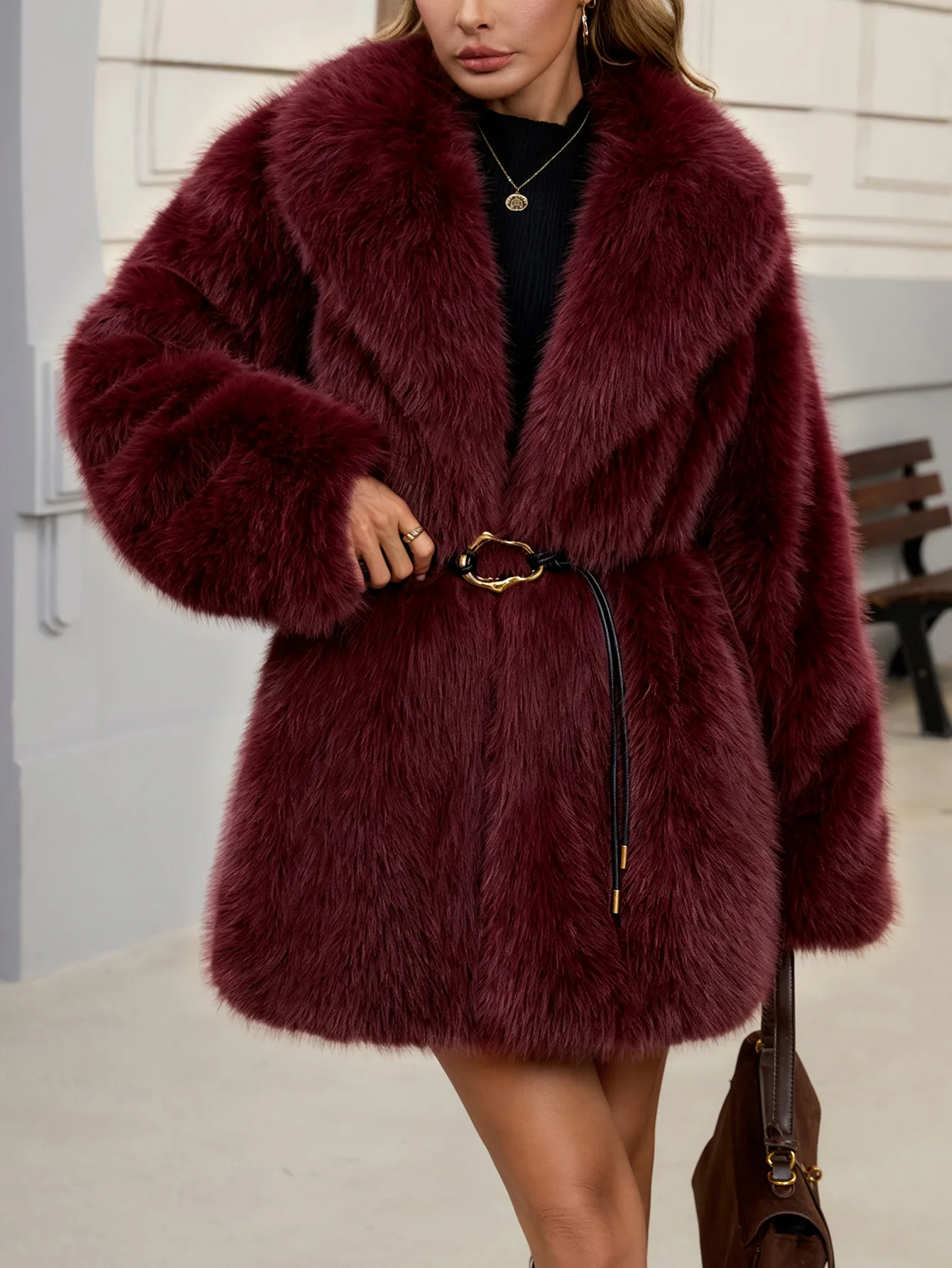 Women's Autumn Winter Faux Fur Coat New Environmentally Friendly Faux Fox Fur Waistband Jacket for Ladies