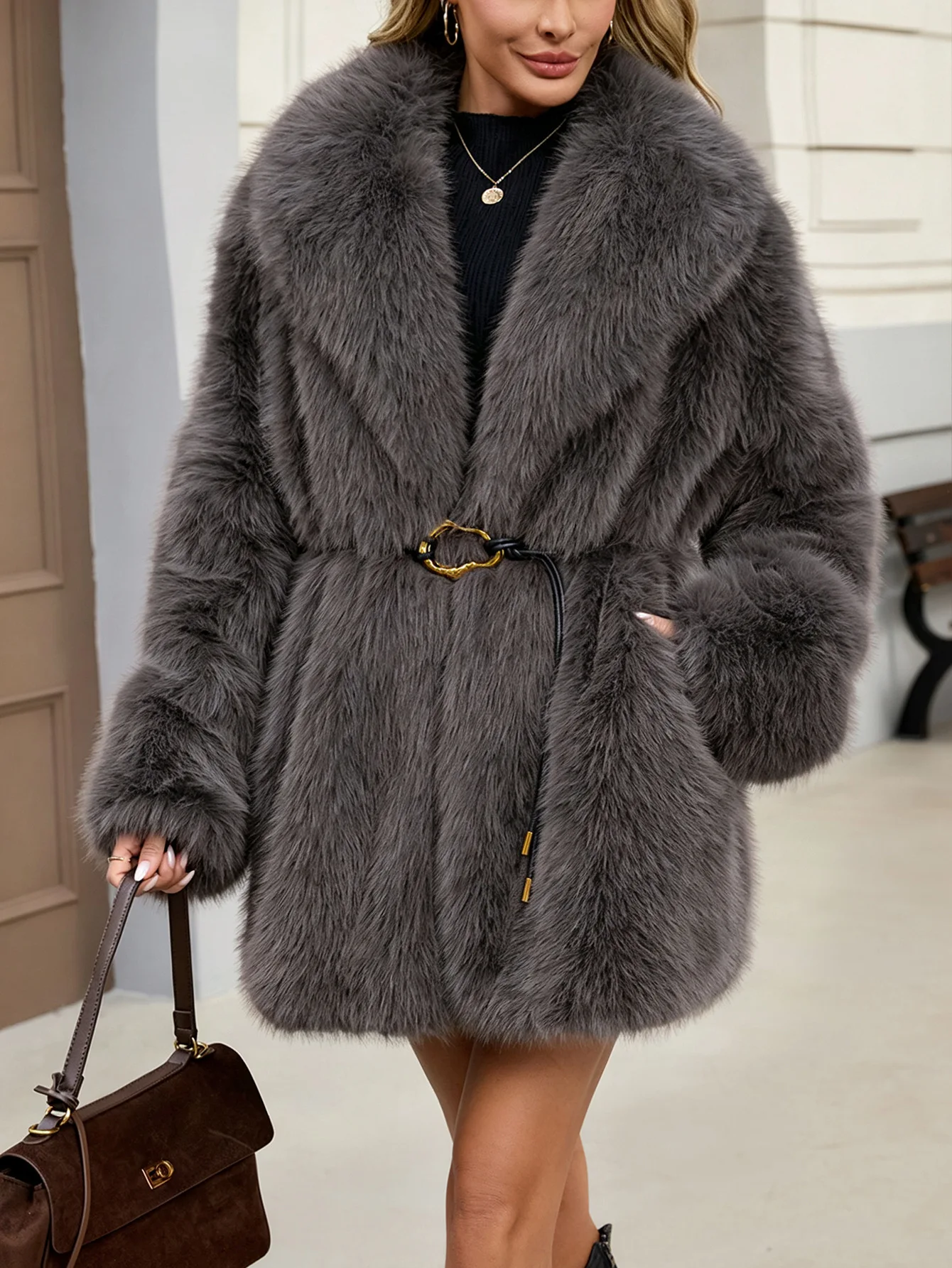 Women's Autumn Winter Faux Fur Coat New Environmentally Friendly Faux Fox Fur Waistband Jacket for Ladies