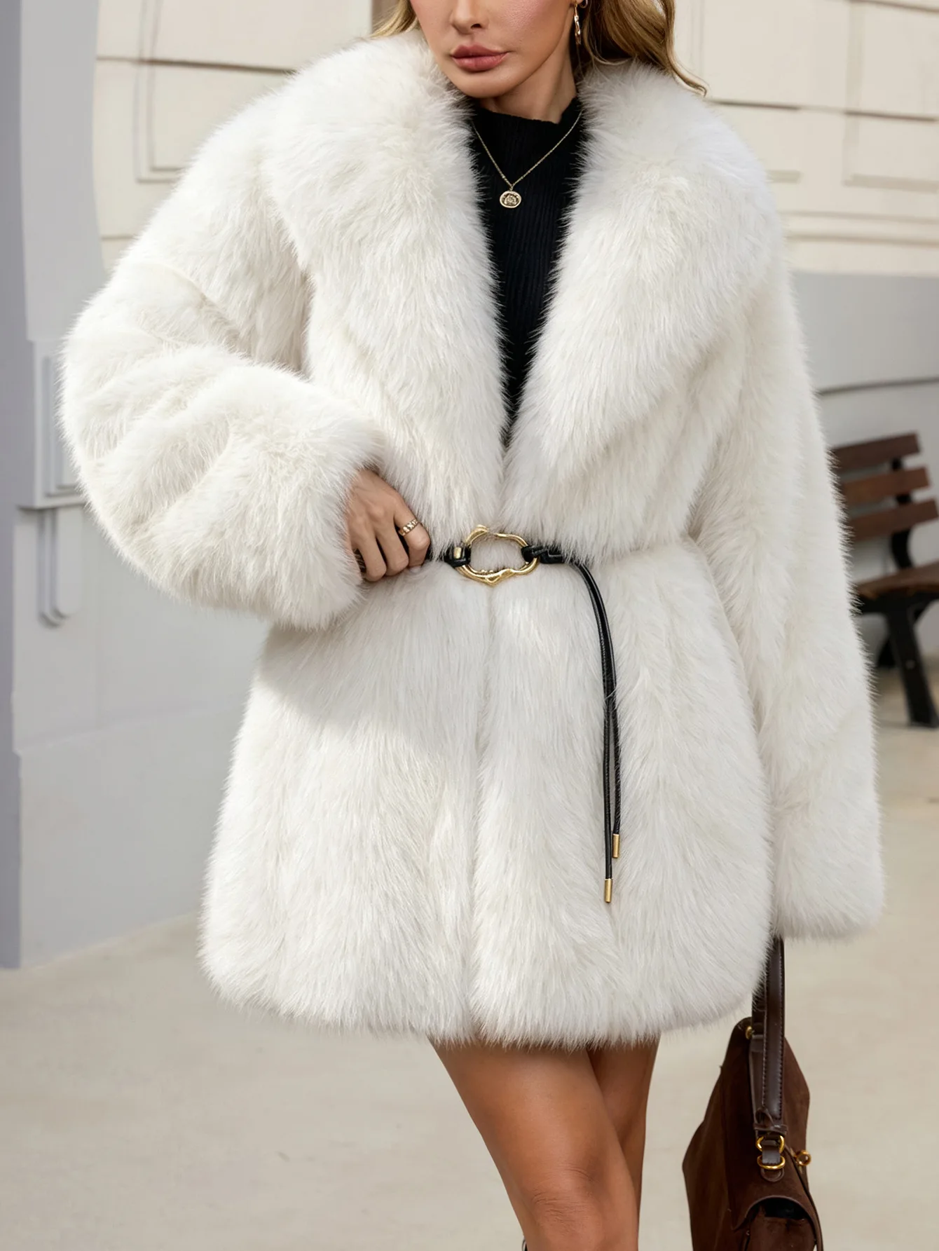 Women's Autumn Winter Faux Fur Coat New Environmentally Friendly Faux Fox Fur Waistband Jacket for Ladies