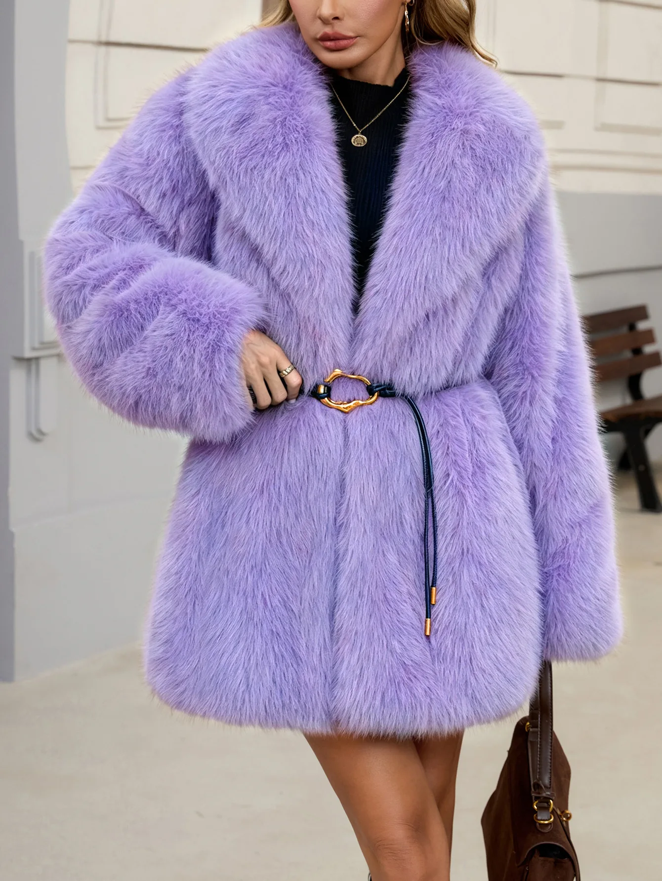Women's Autumn Winter Faux Fur Coat New Environmentally Friendly Faux Fox Fur Waistband Jacket for Ladies
