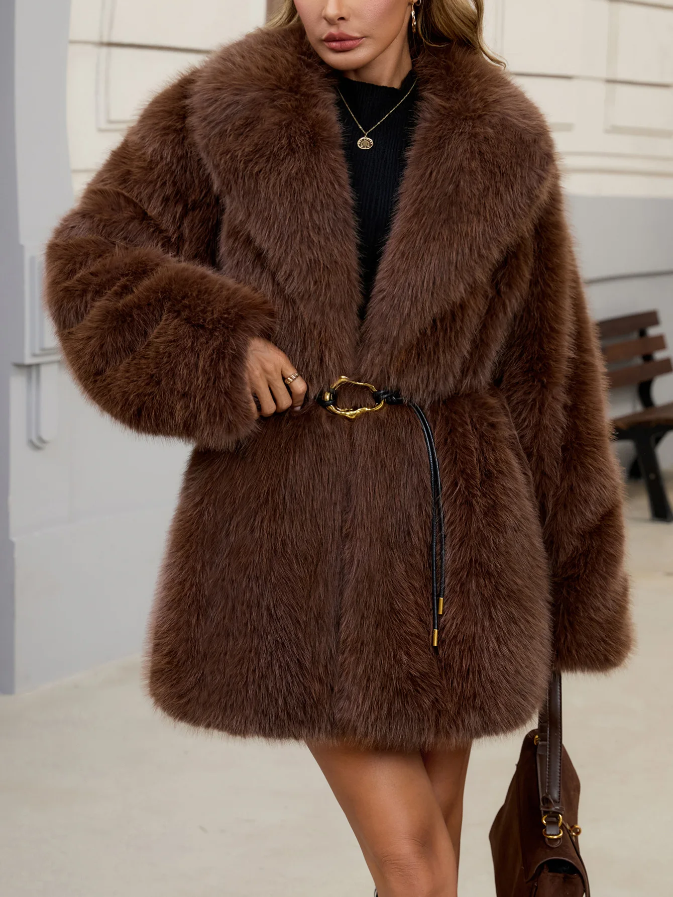 Women's Autumn Winter Faux Fur Coat New Environmentally Friendly Faux Fox Fur Waistband Jacket for Ladies