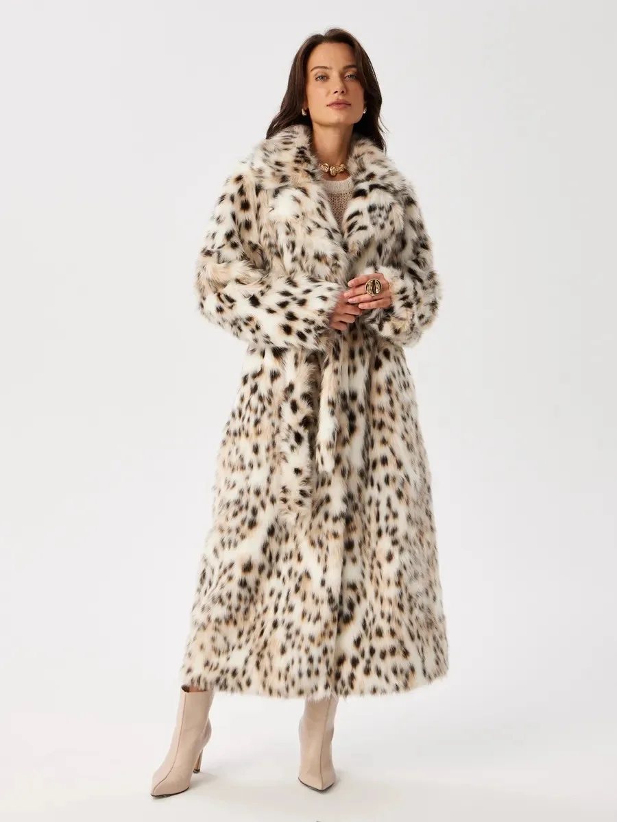 Women Faux Fur Long Coats Jackets Leopard Print Turn Down Collar Coat Thick Warm Y2k Streetwear Jacket Lace Up Autumn Winter