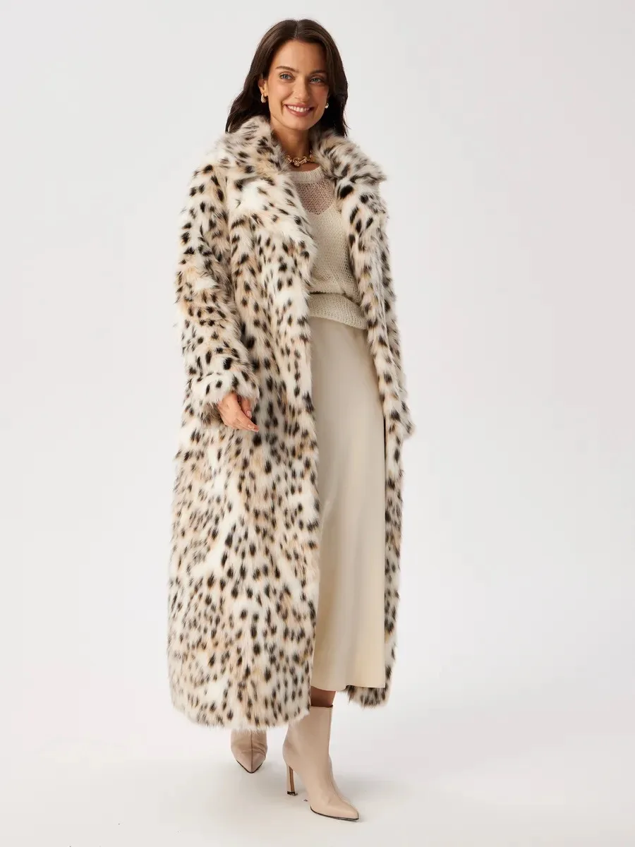 Women Faux Fur Long Coats Jackets Leopard Print Turn Down Collar Coat Thick Warm Y2k Streetwear Jacket Lace Up Autumn Winter