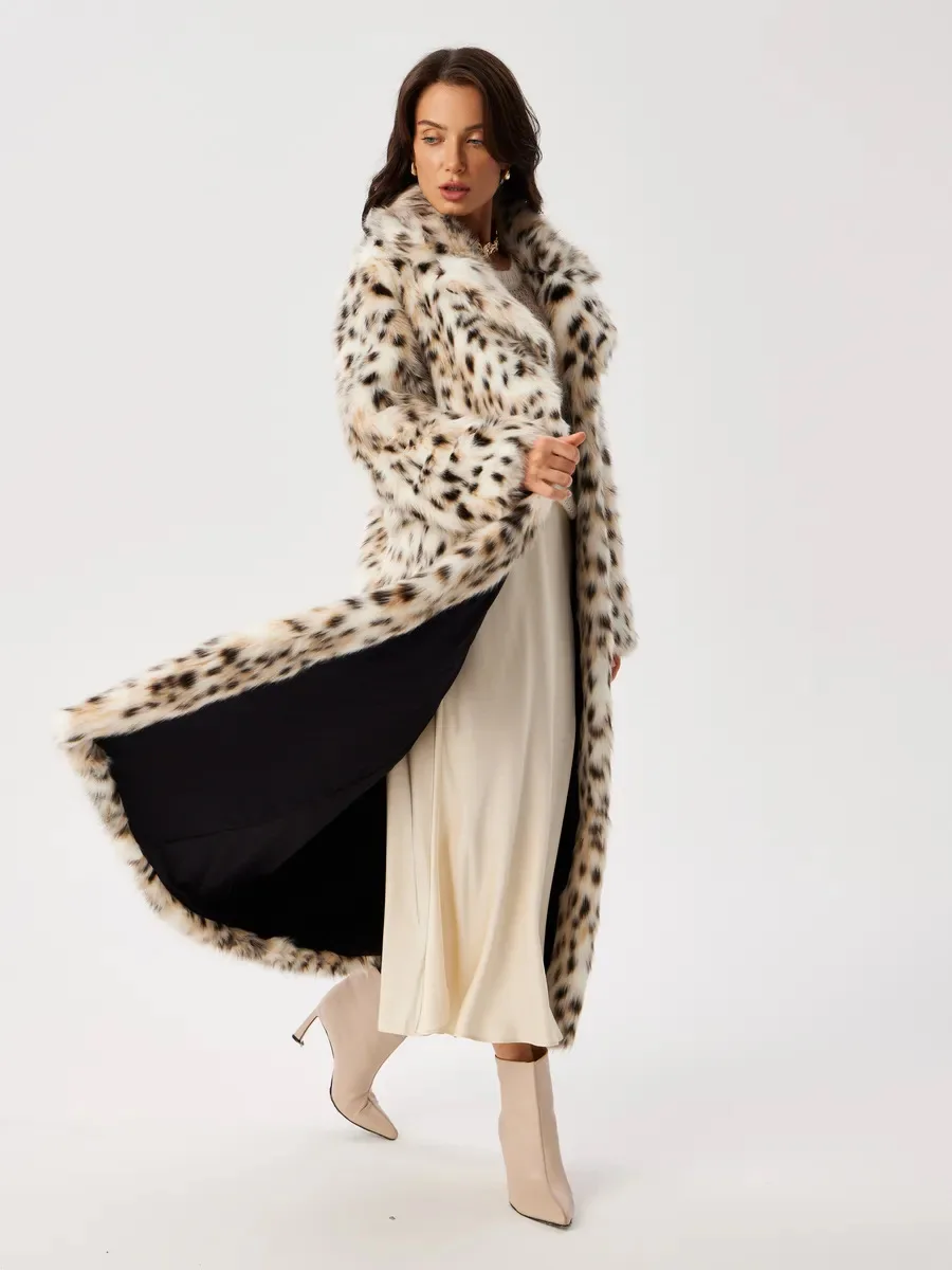 Women Faux Fur Long Coats Jackets Leopard Print Turn Down Collar Coat Thick Warm Y2k Streetwear Jacket Lace Up Autumn Winter