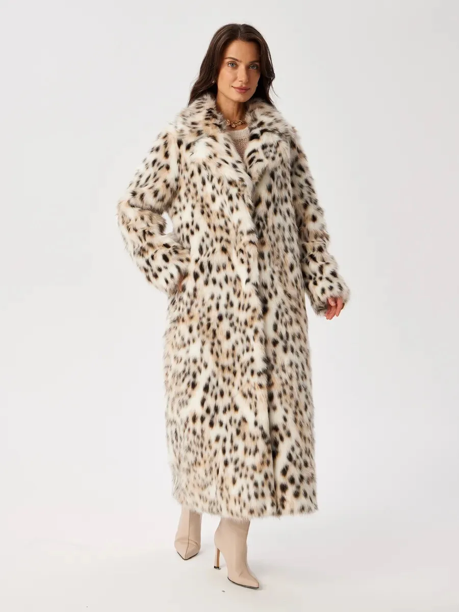 Women Faux Fur Long Coats Jackets Leopard Print Turn Down Collar Coat Thick Warm Y2k Streetwear Jacket Lace Up Autumn Winter
