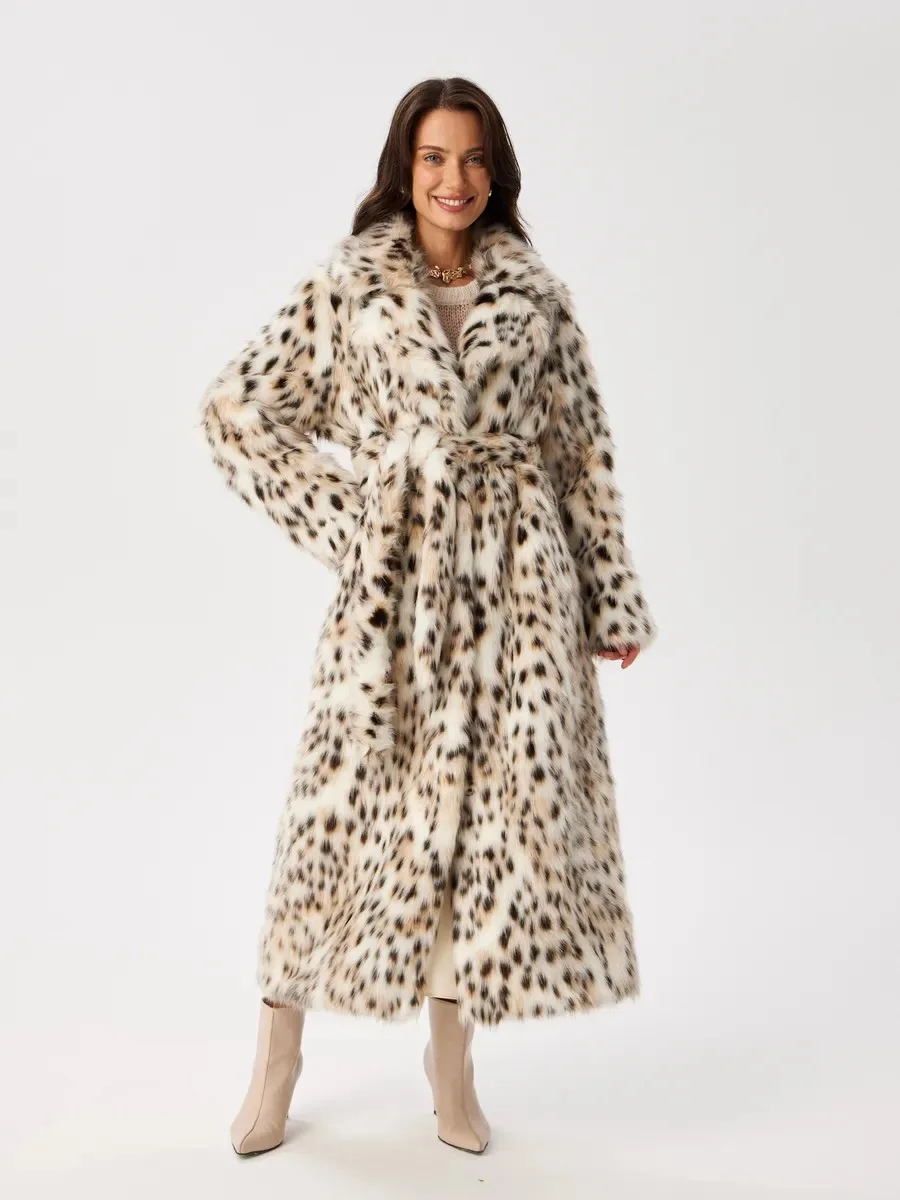 Women Faux Fur Long Coats Jackets Leopard Print Turn Down Collar Coat Thick Warm Y2k Streetwear Jacket Lace Up Autumn Winter