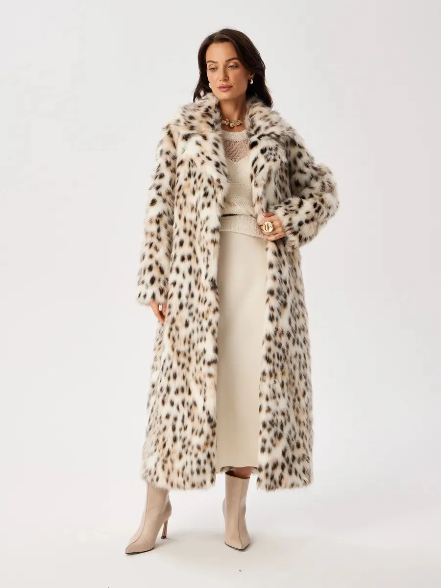 Women Faux Fur Long Coats Jackets Leopard Print Turn Down Collar Coat Thick Warm Y2k Streetwear Jacket Lace Up Autumn Winter