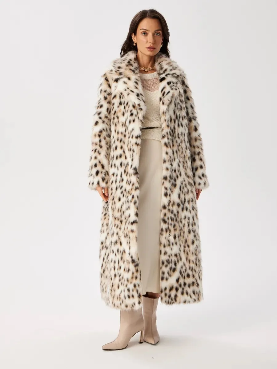 Women Faux Fur Long Coats Jackets Leopard Print Turn Down Collar Coat Thick Warm Y2k Streetwear Jacket Lace Up Autumn Winter