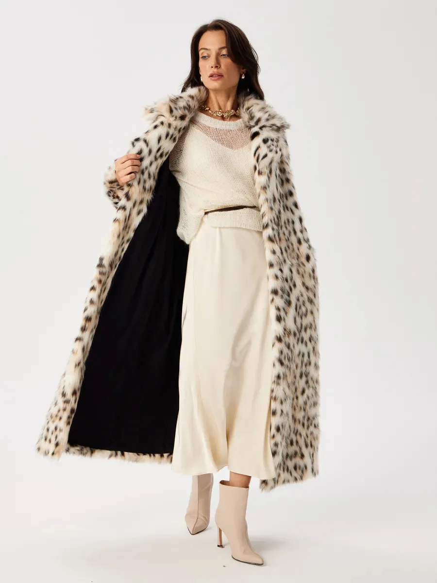 Women Faux Fur Long Coats Jackets Leopard Print Turn Down Collar Coat Thick Warm Y2k Streetwear Jacket Lace Up Autumn Winter