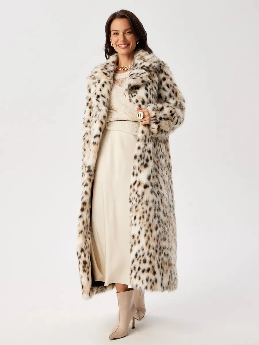Women Faux Fur Long Coats Jackets Leopard Print Turn Down Collar Coat Thick Warm Y2k Streetwear Jacket Lace Up Autumn Winter