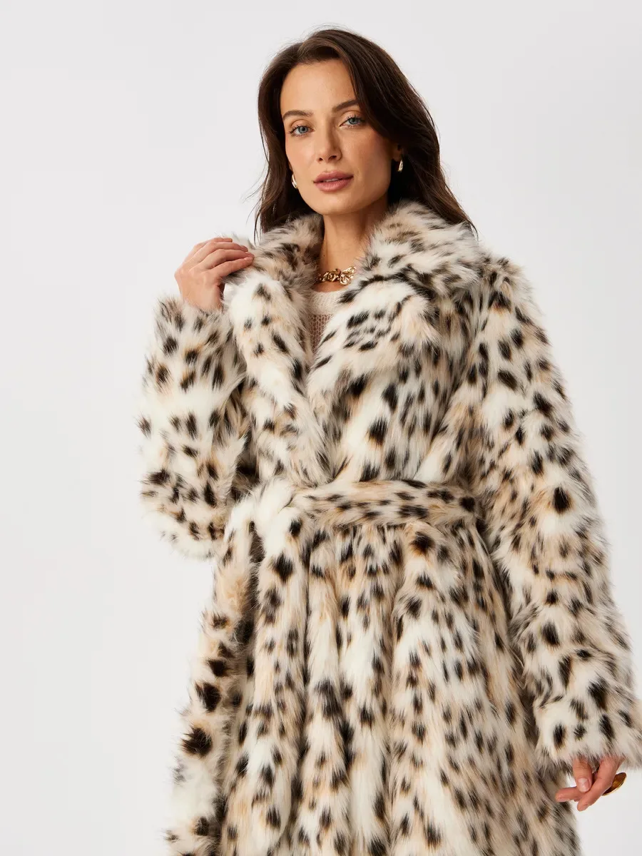 Women Faux Fur Long Coats Jackets Leopard Print Turn Down Collar Coat Thick Warm Y2k Streetwear Jacket Lace Up Autumn Winter