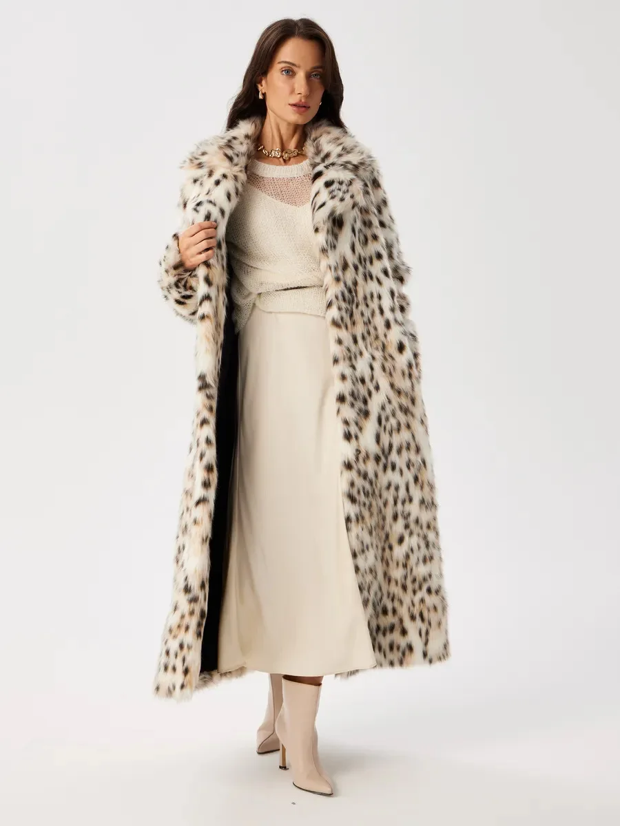Women Faux Fur Long Coats Jackets Leopard Print Turn Down Collar Coat Thick Warm Y2k Streetwear Jacket Lace Up Autumn Winter