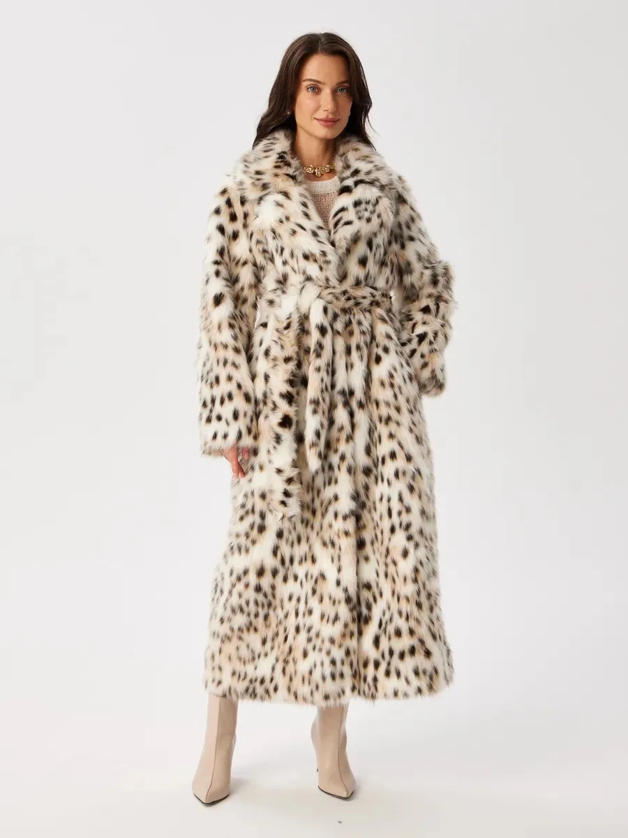 Women Faux Fur Long Coats Jackets Leopard Print Turn Down Collar Coat Thick Warm Y2k Streetwear Jacket Lace Up Autumn Winter