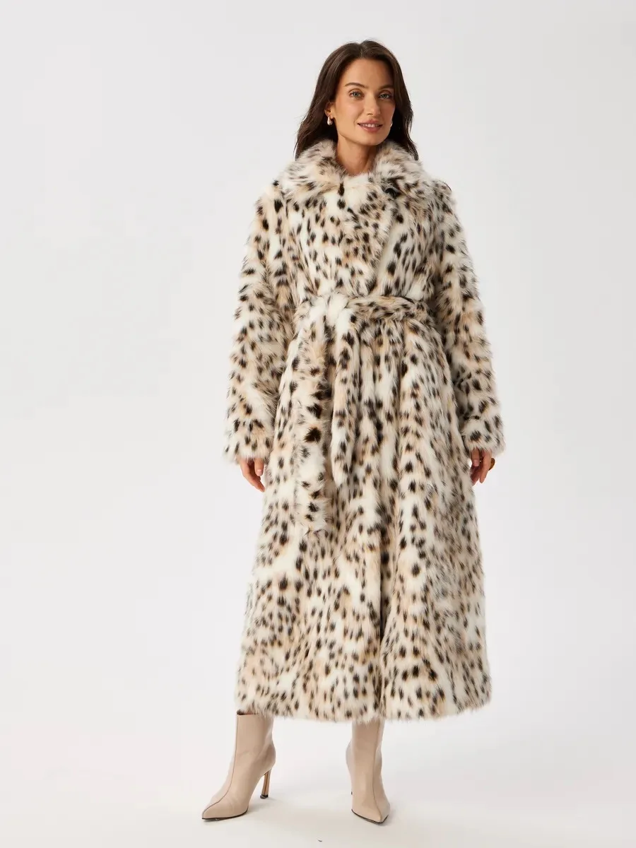 Women Faux Fur Long Coats Jackets Leopard Print Turn Down Collar Coat Thick Warm Y2k Streetwear Jacket Lace Up Autumn Winter
