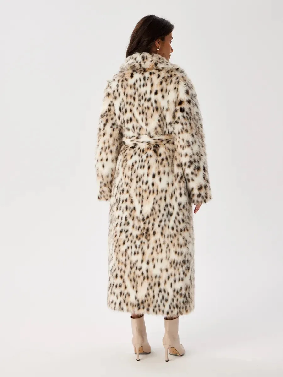 Women Faux Fur Long Coats Jackets Leopard Print Turn Down Collar Coat Thick Warm Y2k Streetwear Jacket Lace Up Autumn Winter