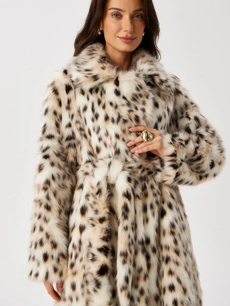 Women Faux Fur Long Coats Jackets Leopard Print Turn Down Collar Coat Thick Warm Y2k Streetwear Jacket Lace Up Autumn Winter