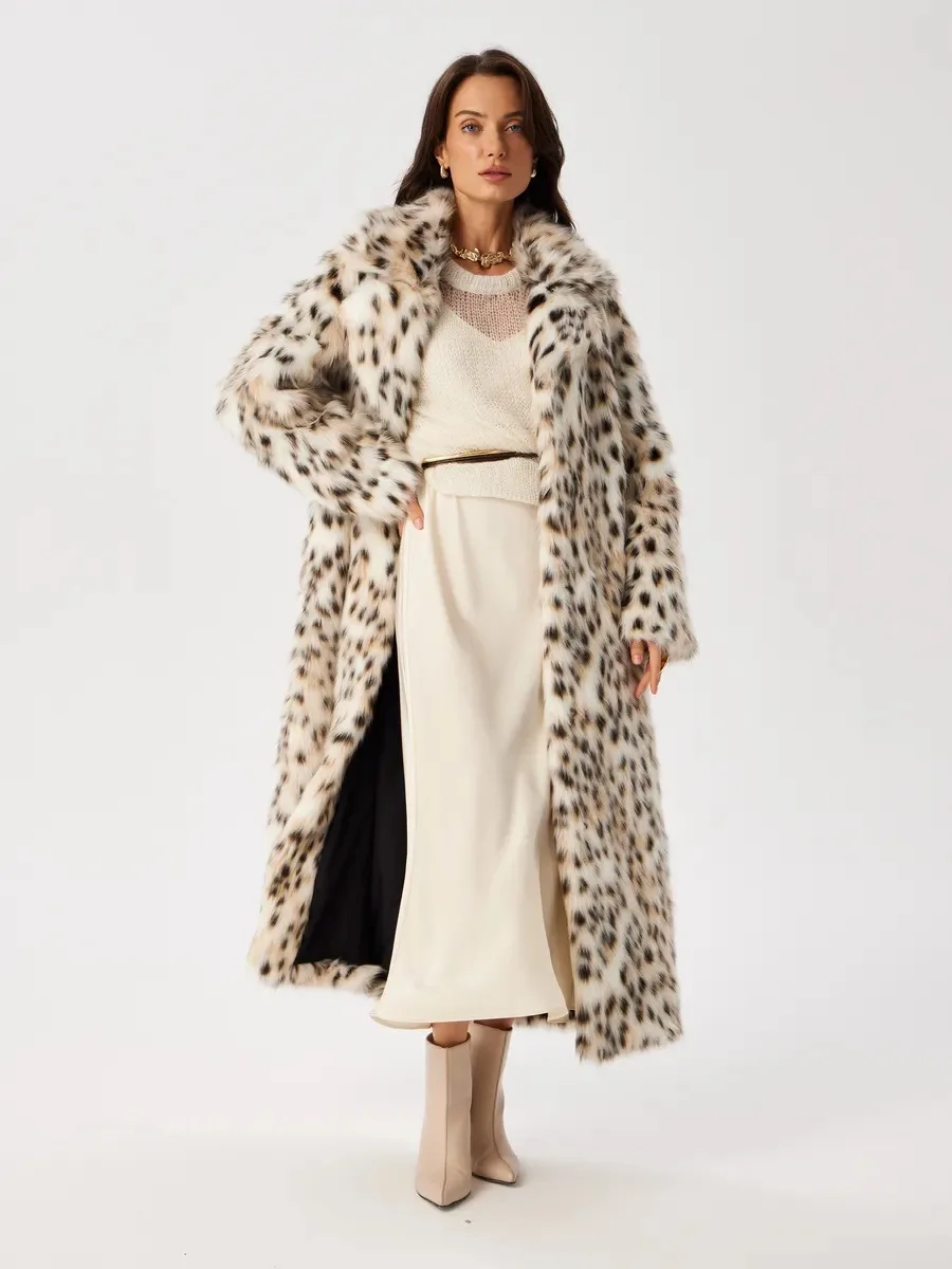 Women Faux Fur Long Coats Jackets Leopard Print Turn Down Collar Coat Thick Warm Y2k Streetwear Jacket Lace Up Autumn Winter