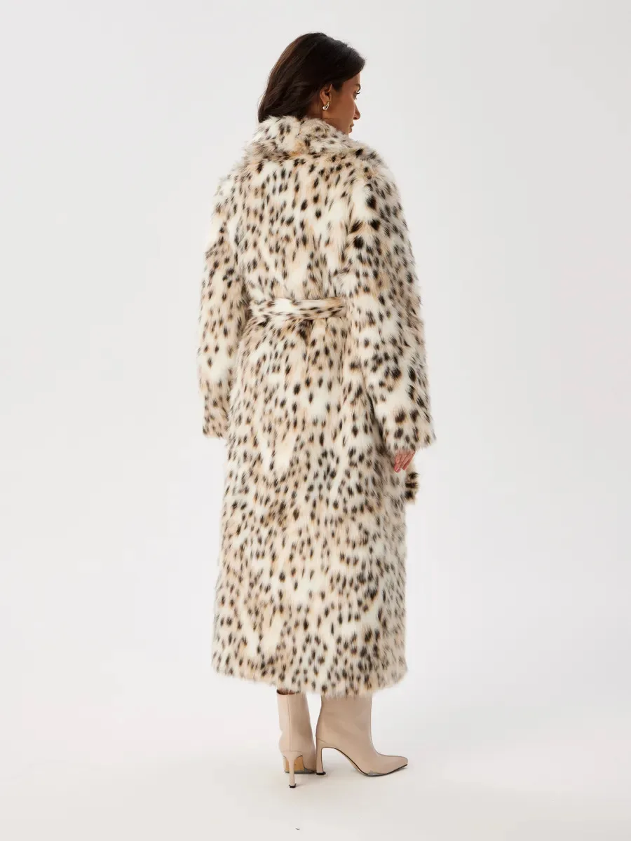 Women Faux Fur Long Coats Jackets Leopard Print Turn Down Collar Coat Thick Warm Y2k Streetwear Jacket Lace Up Autumn Winter
