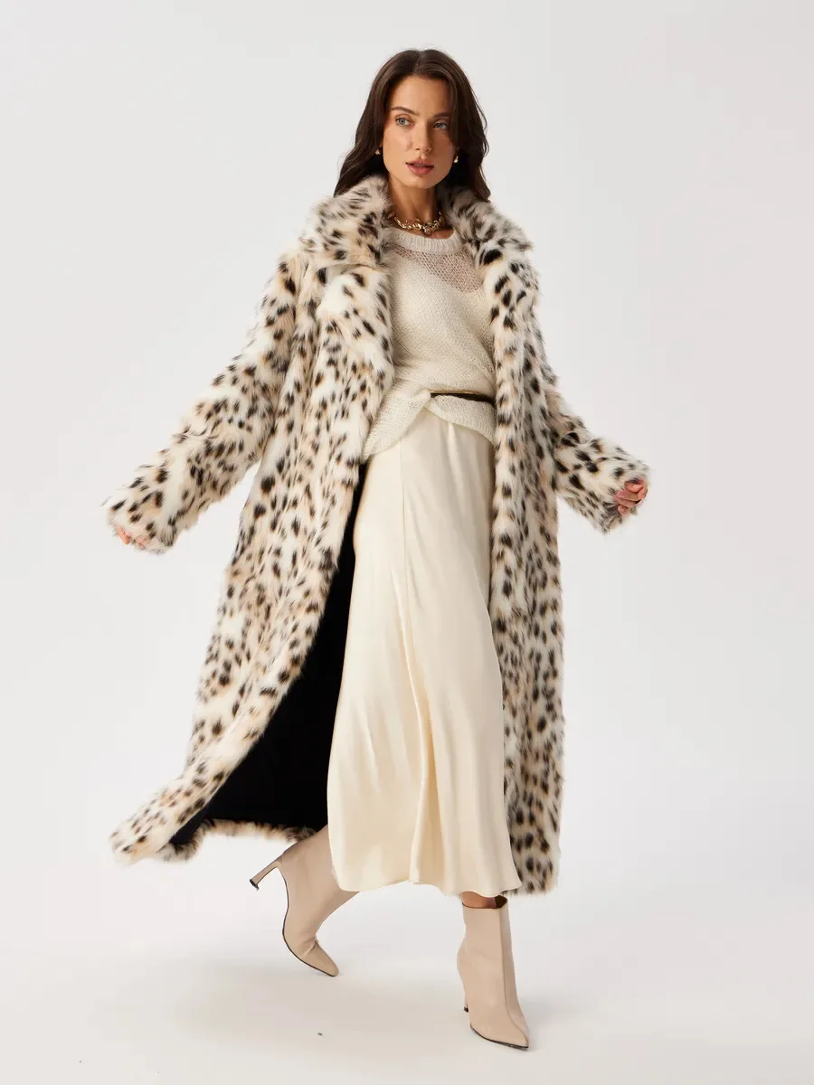 Women Faux Fur Long Coats Jackets Leopard Print Turn Down Collar Coat Thick Warm Y2k Streetwear Jacket Lace Up Autumn Winter