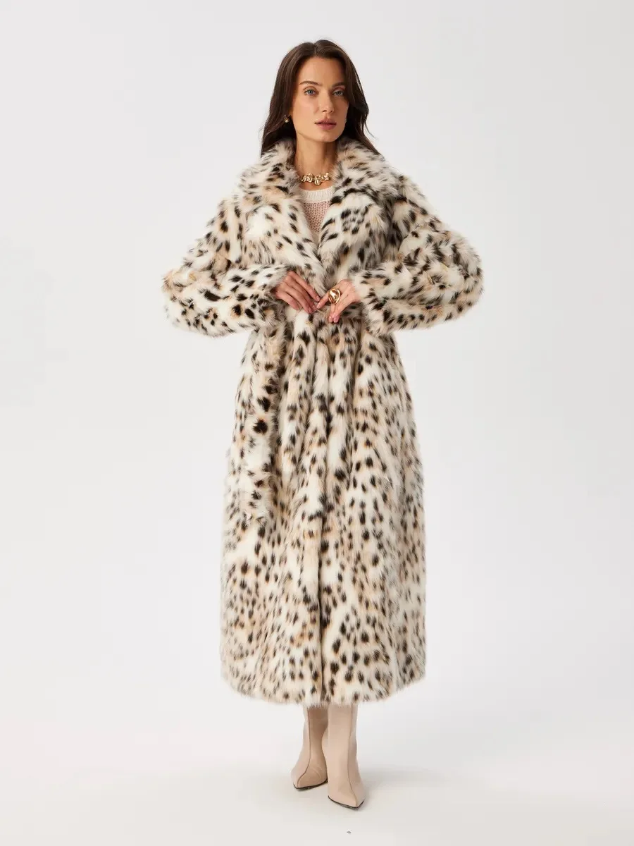 Women Faux Fur Long Coats Jackets Leopard Print Turn Down Collar Coat Thick Warm Y2k Streetwear Jacket Lace Up Autumn Winter
